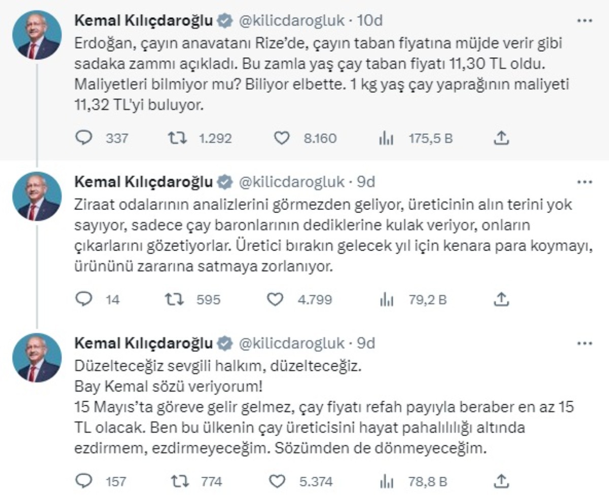 Erdoğan '11 lira' dediği yaş çay fiyatına Kılıçdaroğlu '15 lira' vaadi verdi