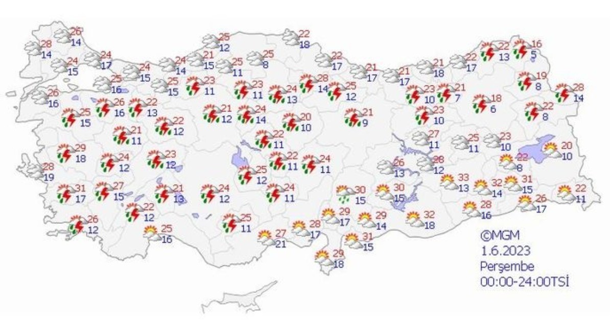 Meteoroloji'nin hava durumu haritasında 14 ilde 'sarı kodlu' uyarı var
