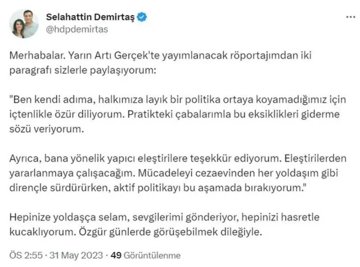 Selahattin Demirtaş'tan flaş karar 'Aktif politikayı bırakıyorum'