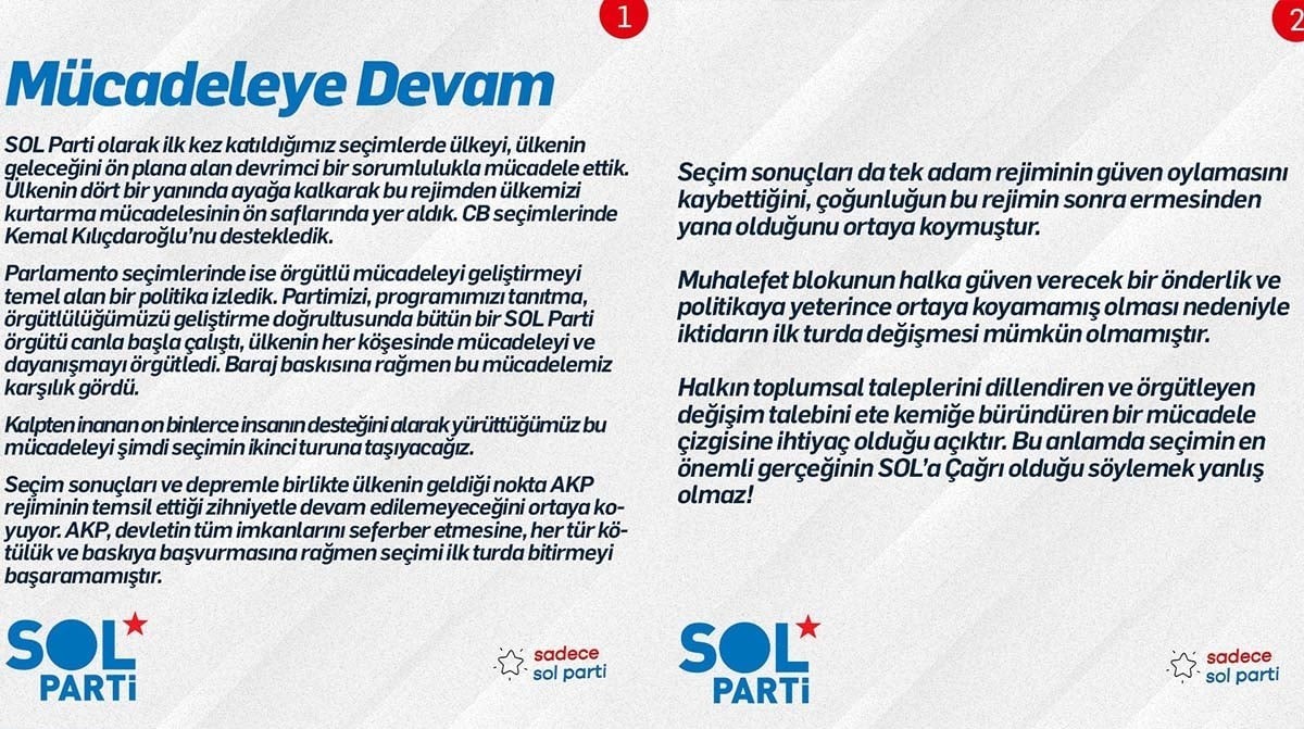 Sol Parti, 2. turda Kılıçdaroğlu'na destek vereceklerini açıkladı